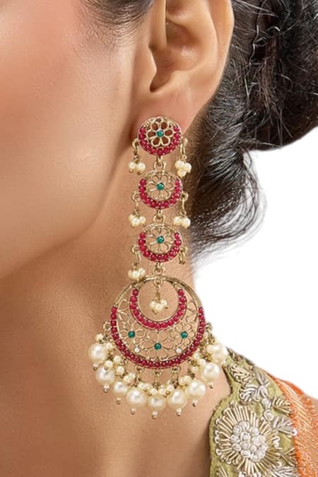 Auraa Trends Multi Color Pearls, Stones Gold-plated Chandbali Earrings 