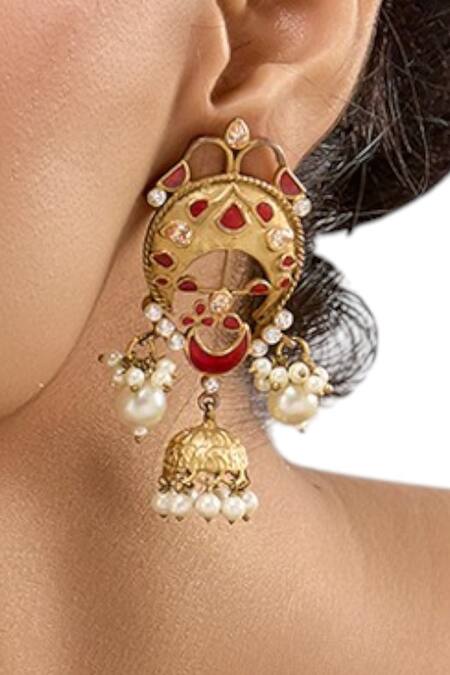 Auraa Trends_Red Pearls, Stones Gold-plated Enamel Jhumka Earrings_Online_at_Aza_Fashions