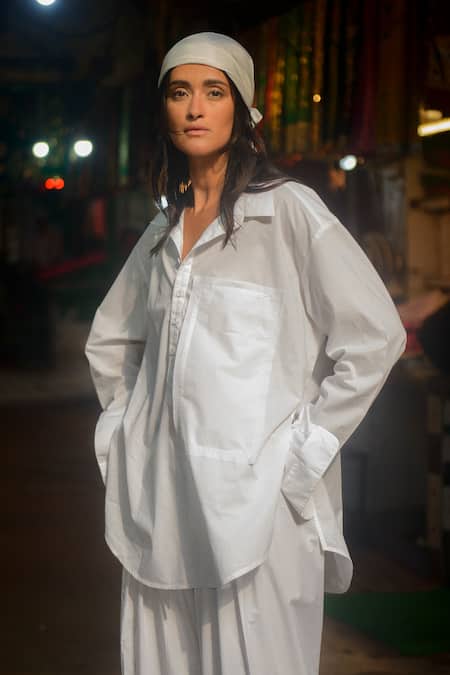 Buy_Ituvana_White Cotton Embroidery Collared Neelima Long Shirt With Farshi Salwar _Online_at_Aza_Fashions