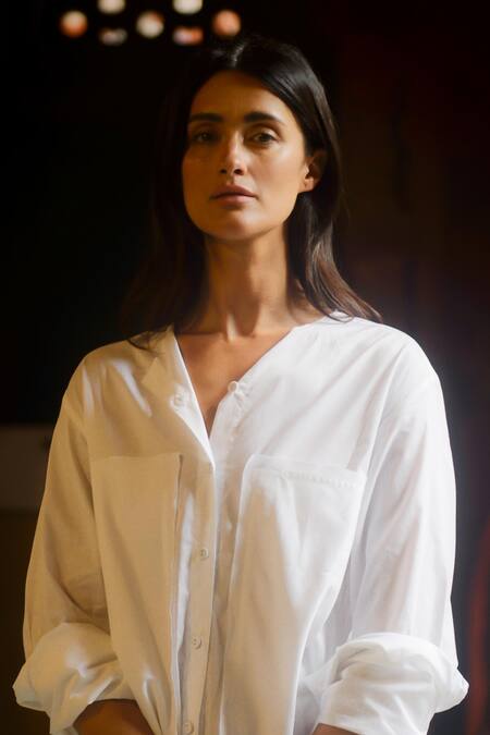 Ituvana_White Cotton Applique Collared Shiba Sarong Shirt Dress _Online_at_Aza_Fashions