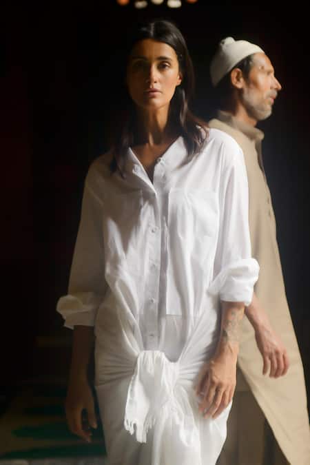Shop_Ituvana_White Cotton Applique Collared Shiba Sarong Shirt Dress _Online_at_Aza_Fashions