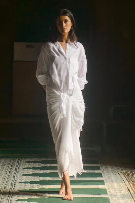 Ituvana White Cotton Applique Collared Shiba Sarong Shirt Dress