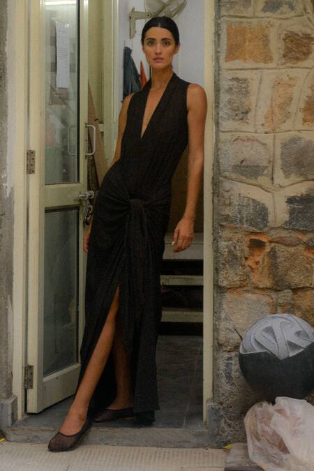 Shop_Ituvana_Black Cotton Plunge Neck Kaya Jersey Top And Sarong Skirt Set _Online_at_Aza_Fashions