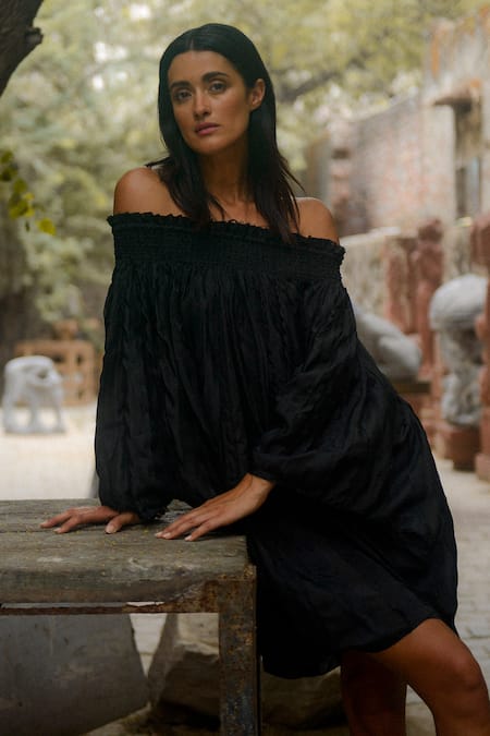 Shop Ituvana Black Silk Embroidery, Applique Off-shoulder Kumuda Balloon Dress Online at Aza Fashions Shop_Ituvana_Black Silk Embroidery, Applique Off-shoulder Kumuda Balloon Dress _Online_at_Aza_Fashions