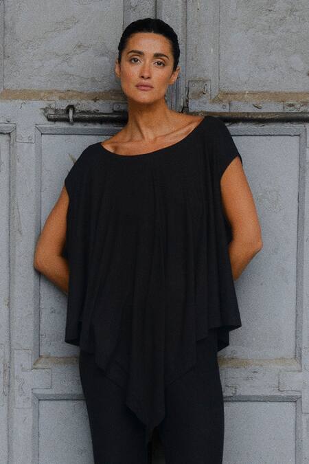 Ituvana Black Cotton Round Neck Karma Jersey Top And Pant Set at Aza Fashions Ituvana_Black Cotton Round Neck Karma Jersey Top And Pant Set _at_Aza_Fashions