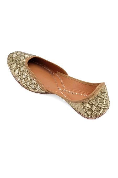 Shop_NR By Nidhi Rathi_Gold Embroidered Juttis_Online_at_Aza_Fashions