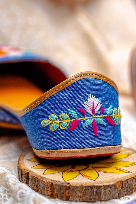NR By Nidhi Rathi_Blue Denim Embroidered Juttis _at_Aza_Fashions