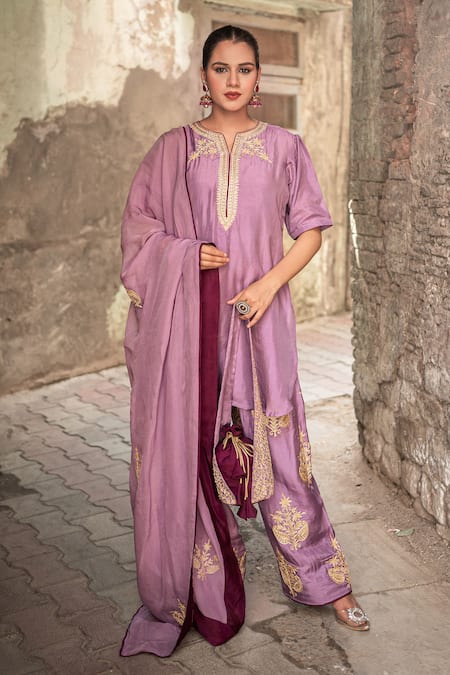 Wazir C Purple Silk Embroidery, Zari, Metallic Thread Split Floral Work Kurta Salwar Set 