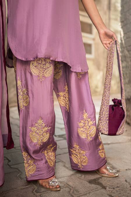 Buy_Wazir C_Purple Silk Embroidery, Zari, Metallic Thread Split Floral Work Kurta Salwar Set _Online_at_Aza_Fashions