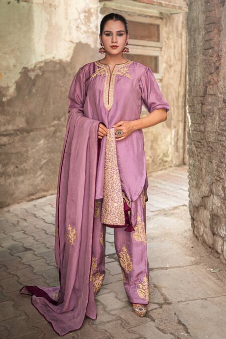 Shop_Wazir C_Purple Silk Embroidery, Zari, Metallic Thread Split Floral Work Kurta Salwar Set _Online_at_Aza_Fashions