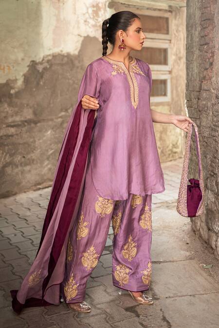 Wazir C_Purple Silk Embroidery, Zari, Metallic Thread Split Floral Work Kurta Salwar Set _at_Aza_Fashions