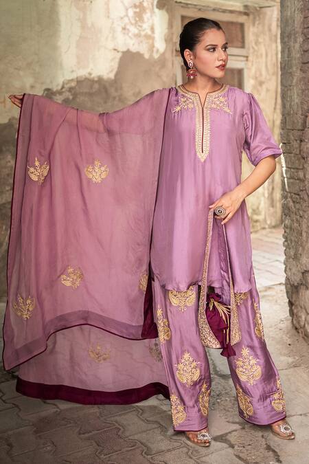 Buy_Wazir C_Purple Silk Embroidery, Zari, Metallic Thread Split Floral Work Kurta Salwar Set 