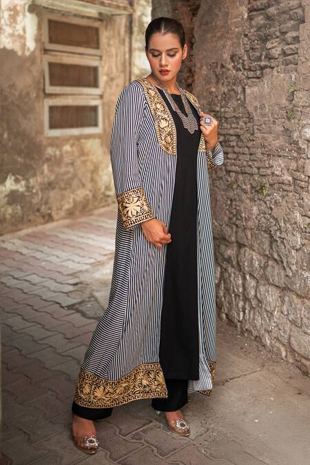 Buy_Wazir C_Black Cotton Open Neck Kashmira Tilla Work Cape Pant Set _Online_at_Aza_Fashions