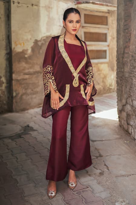 Buy_Wazir C_Maroon Silk, Cotton Embroidery, Zari Open Neck Jacket Pant Set _Online_at_Aza_Fashions