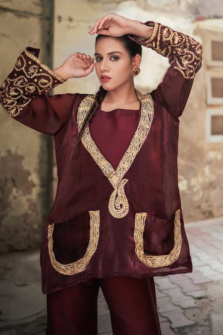 Shop_Wazir C_Maroon Silk, Cotton Embroidery, Zari Open Neck Jacket Pant Set _Online_at_Aza_Fashions