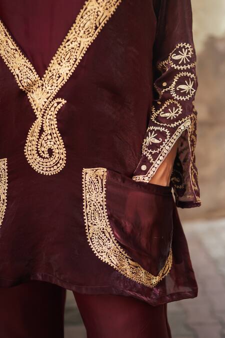 Wazir C_Maroon Silk, Cotton Embroidery, Zari Open Neck Jacket Pant Set _at_Aza_Fashions