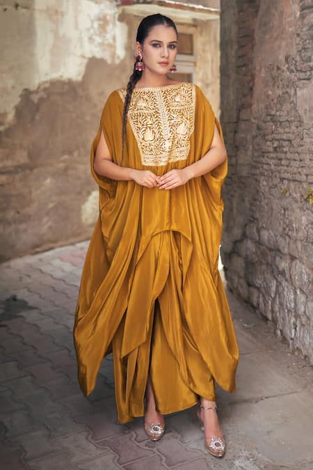 Wazir C Mustard Crepe Embroidery, Metallic Thread Round Neck Kaftan With Dhoti Pant 