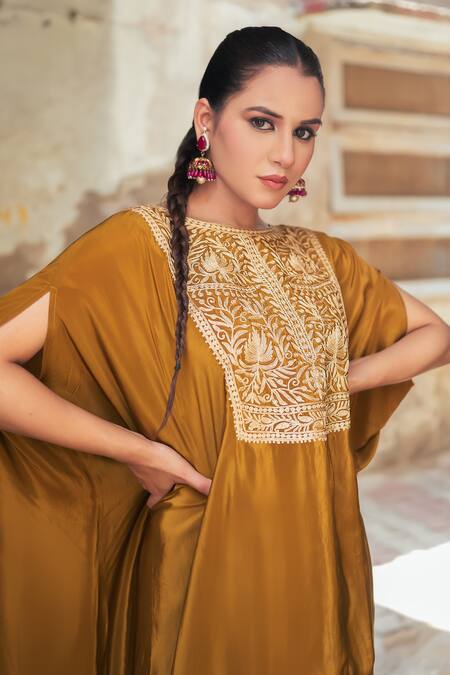 Buy_Wazir C_Mustard Crepe Embroidery, Metallic Thread Round Neck Kaftan With Dhoti Pant _Online_at_Aza_Fashions