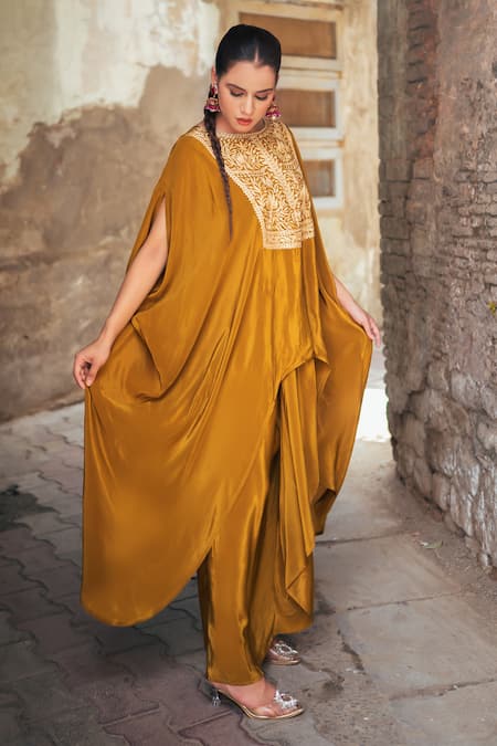 Shop_Wazir C_Mustard Crepe Embroidery, Metallic Thread Round Neck Kaftan With Dhoti Pant _Online_at_Aza_Fashions