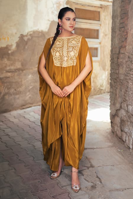 Wazir C_Mustard Crepe Embroidery, Metallic Thread Round Neck Kaftan With Dhoti Pant _at_Aza_Fashions