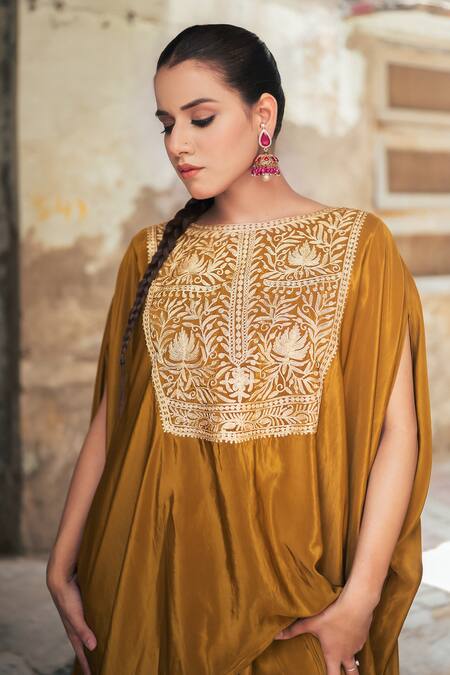 Shop_Wazir C_Mustard Crepe Embroidery, Metallic Thread Round Neck Kaftan With Dhoti Pant 