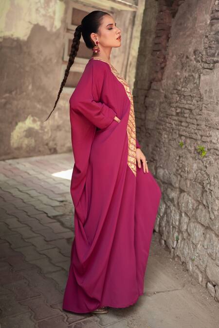 Buy_Wazir C_Purple Silk Embroidery, Zari V-neck Kaftan _Online_at_Aza_Fashions