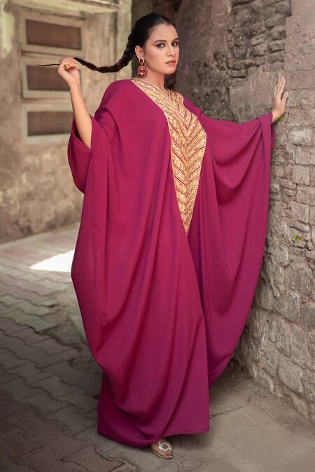 Shop_Wazir C_Purple Silk Embroidery, Zari V-neck Kaftan _Online_at_Aza_Fashions