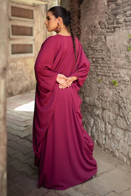 Wazir C_Purple Silk Embroidery, Zari V-neck Kaftan _at_Aza_Fashions