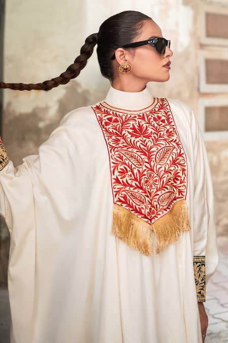 Wazir C_Off White Cotton Embroidery, Fringe High , Keyhole Kaftan _Online_at_Aza_Fashions