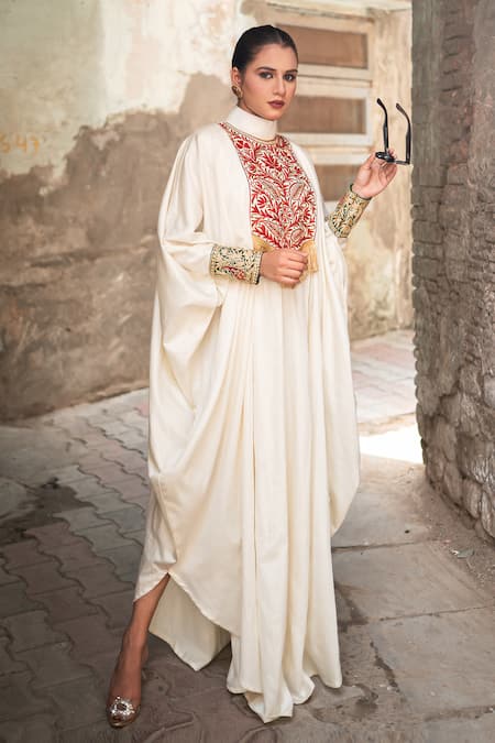 Buy_Wazir C_Off White Cotton Embroidery, Fringe High , Keyhole Kaftan _Online_at_Aza_Fashions