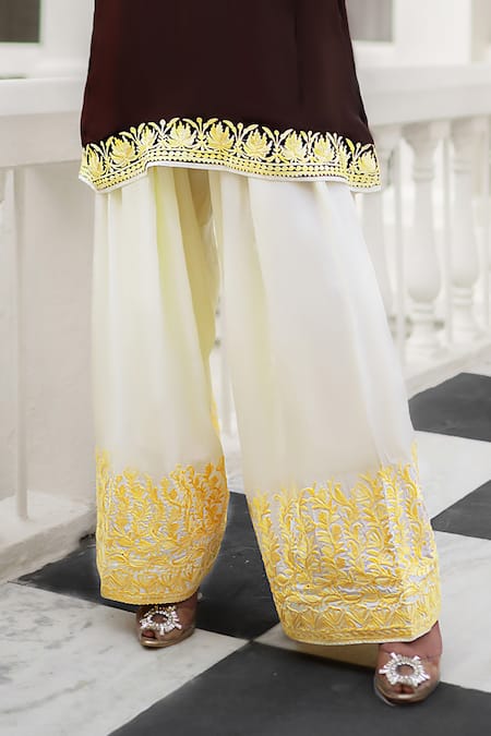 Buy_Wazir C_Brown Crepe Embroidery, Metallic Thread Kashmira Tilla Work Kurta With Salwar _Online_at_Aza_Fashions