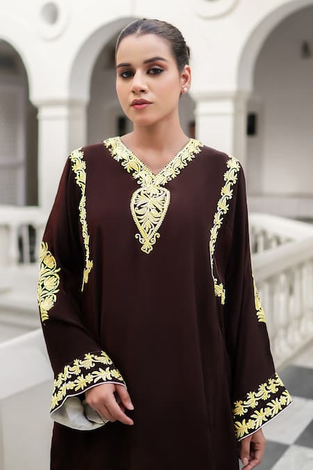 Shop_Wazir C_Brown Crepe Embroidery, Metallic Thread Kashmira Tilla Work Kurta With Salwar _Online_at_Aza_Fashions