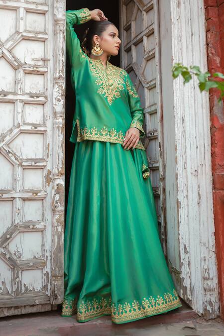 Wazir C_Green Silk Embroidery, Zari, Tassels Split Kashmira Tilla Work Lehenga Set _Online_at_Aza_Fashions