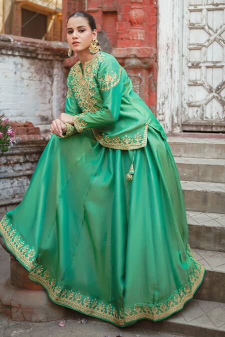 Shop_Wazir C_Green Silk Embroidery, Zari, Tassels Split Kashmira Tilla Work Lehenga Set _Online_at_Aza_Fashions