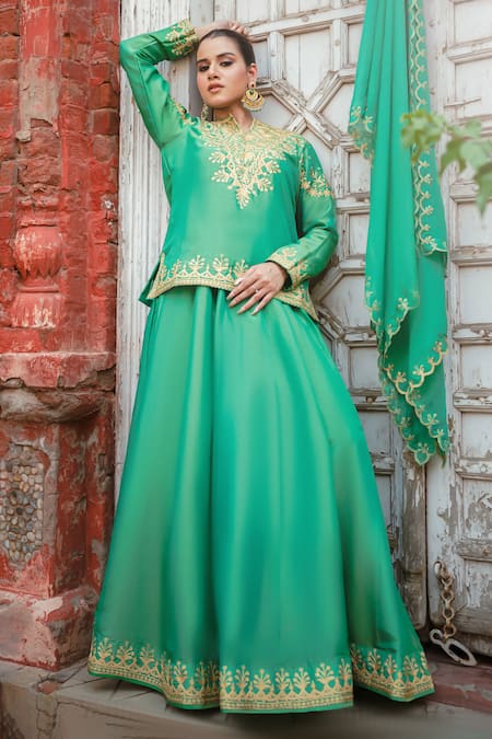 Wazir C_Green Silk Embroidery, Zari, Tassels Split Kashmira Tilla Work Lehenga Set _at_Aza_Fashions