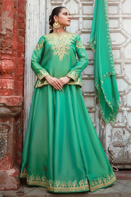 Wazir C Green Silk Embroidery, Zari, Tassels Split Kashmira Tilla Work Lehenga Set 