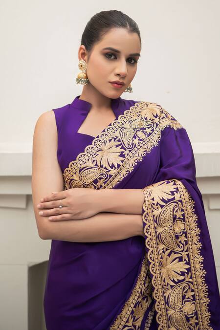 Wazir C_Purple Crepe Embroidery, Metallic Thread, Kashmira Tilla Work Saree With Blouse _Online_at_Aza_Fashions
