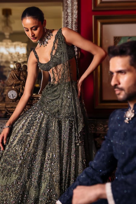 Dolly J_Green Tulle Sequins, Embroidery, Beads Mossaria Shimmer Cocktail Lehenga Set _Online_at_Aza_Fashions