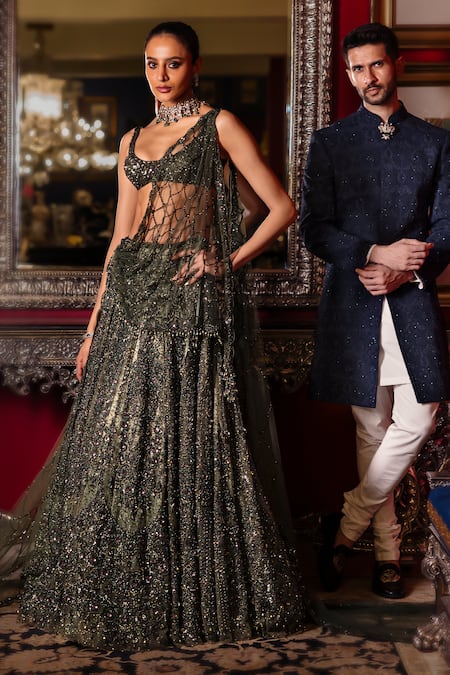 Dolly J Mossaria Shimmer Cocktail Embroidered Lehenga Set 