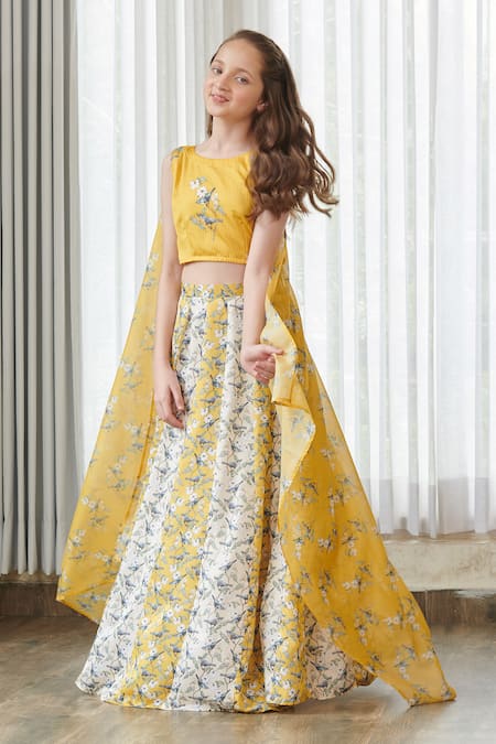 Pasha India_Yellow Satin Floral Print Lehenga Set _Online_at_Aza_Fashions