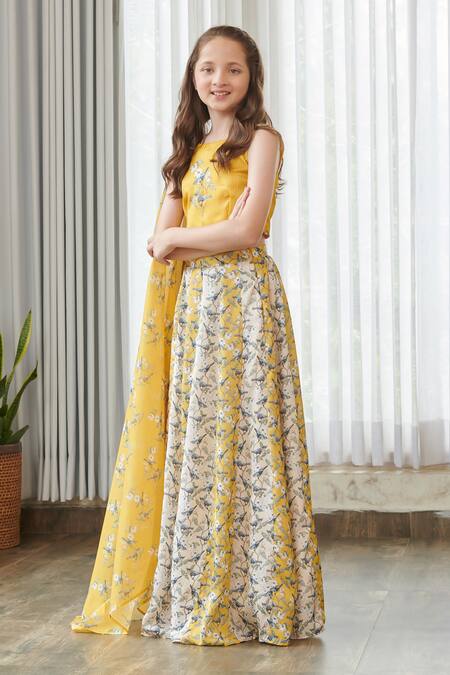 Shop_Pasha India_Yellow Satin Floral Print Lehenga Set _Online_at_Aza_Fashions
