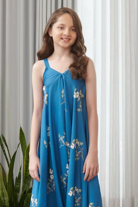 Pasha India_Blue Cotton, Rayon Floral Print Draped Jumpsuit _at_Aza_Fashions