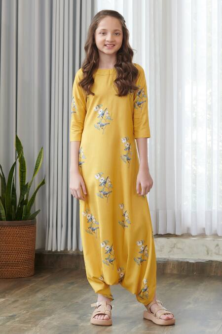 Pasha India_Yellow Cotton, Rayon Floral Print Draped Jumpsuit _Online_at_Aza_Fashions