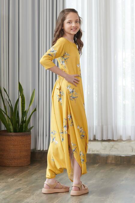 Shop_Pasha India_Yellow Cotton, Rayon Floral Print Draped Jumpsuit _Online_at_Aza_Fashions