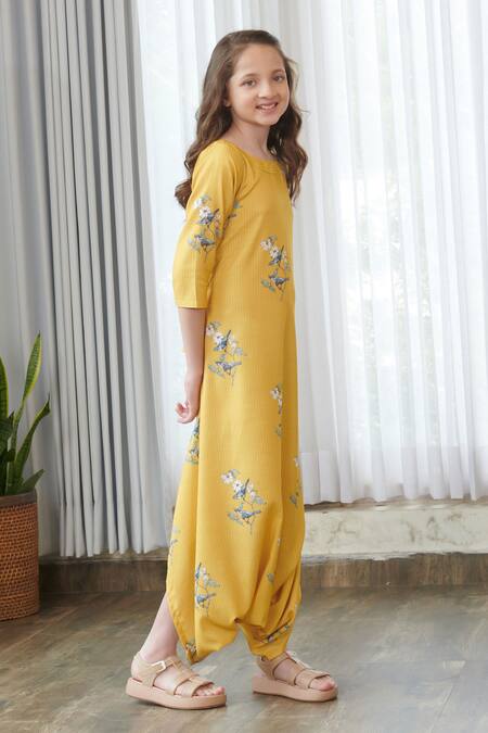 Buy_Pasha India_Yellow Cotton, Rayon Floral Print Draped Jumpsuit 