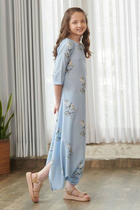 Buy_Pasha India_Blue Cotton, Rayon Floral Print Draped Jumpsuit _Online_at_Aza_Fashions