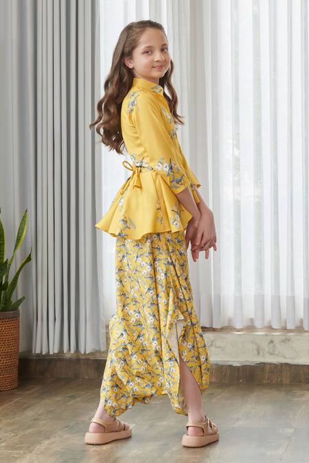 Buy_Pasha India_Yellow Cotton, Rayon Floral Print Draped Jumpsuit _Online_at_Aza_Fashions