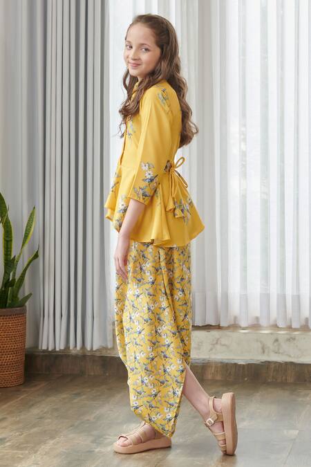 Pasha India_Yellow Cotton, Rayon Floral Print Draped Jumpsuit _at_Aza_Fashions