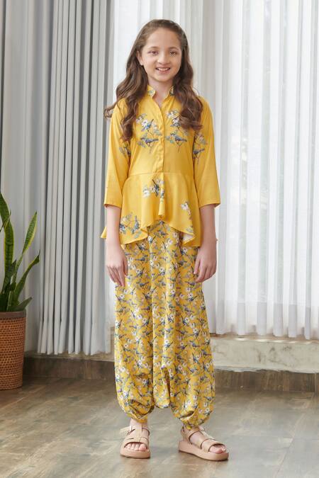 Buy_Pasha India_Yellow Cotton, Rayon Floral Print Draped Jumpsuit 