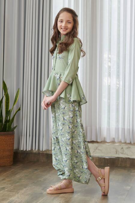 Shop_Pasha India_Green Cotton, Rayon Floral Print Draped Jumpsuit _Online_at_Aza_Fashions